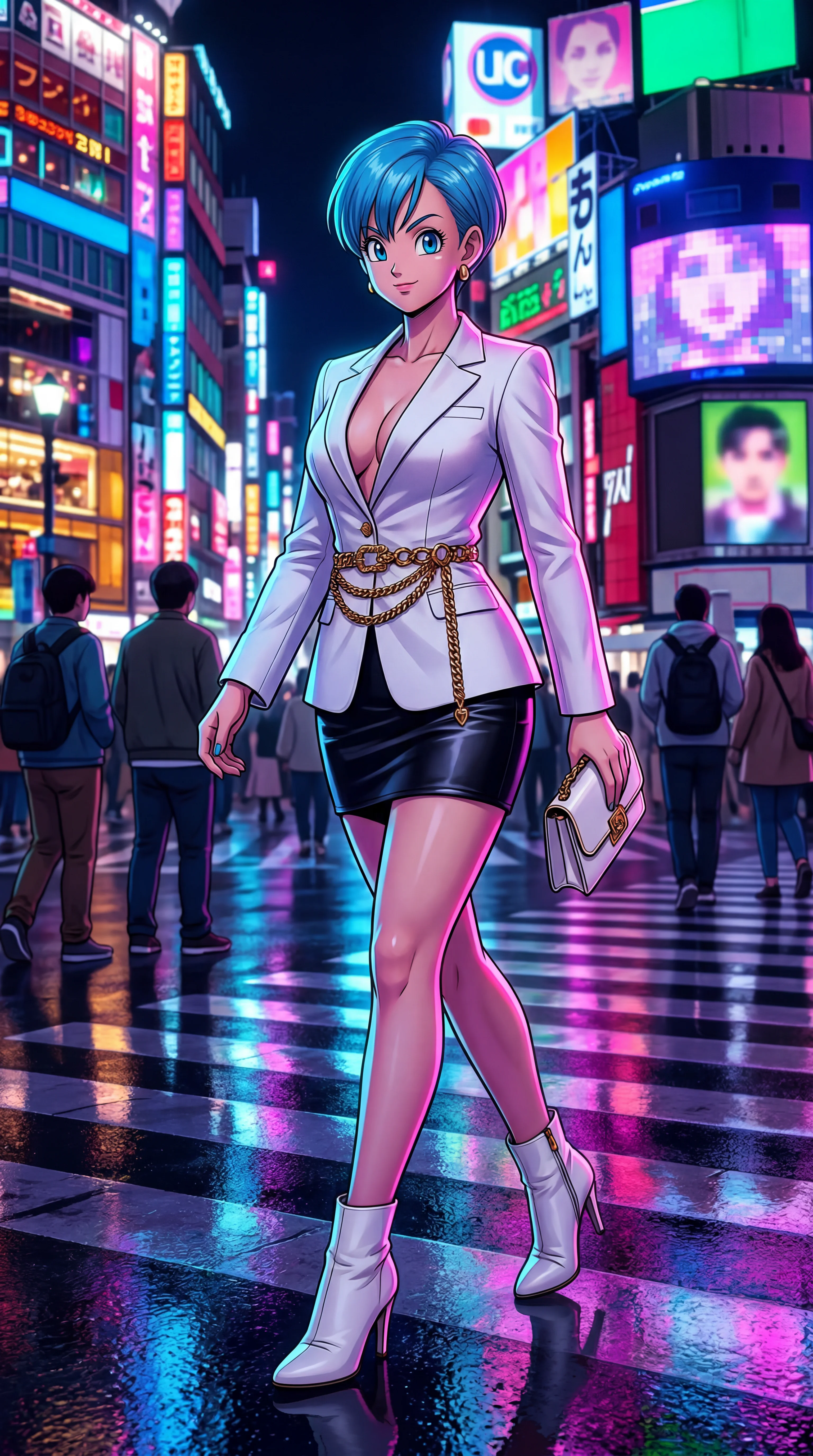 An anime-style woman with short blue hair wearing a white blazer and black mini skirt strides confidently across a wet, neon-lit city crosswalk at night.