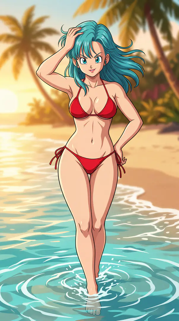 Bulma from Dragon Ball wades through the shallow surf of a tropical beach at sunset wearing a red string bikini and running a hand through her long teal hair.