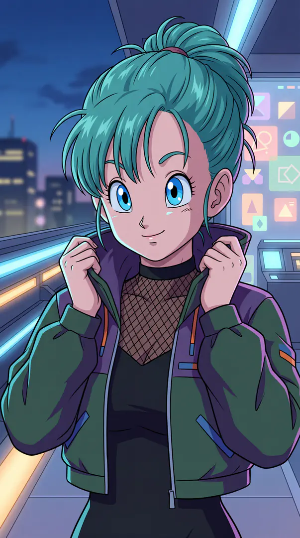 Smiling gently, Bulma from Dragon Ball holds the collar of her green and purple jacket worn over a black mesh-paneled top against a futuristic city background.