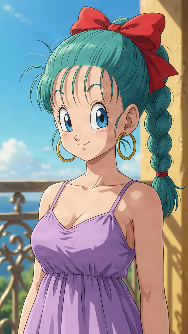 Bulma from Dragon Ball smiles softly on a sunlit balcony while wearing a light purple sundress, gold hoop earrings, and a large red bow in her braided teal hair.