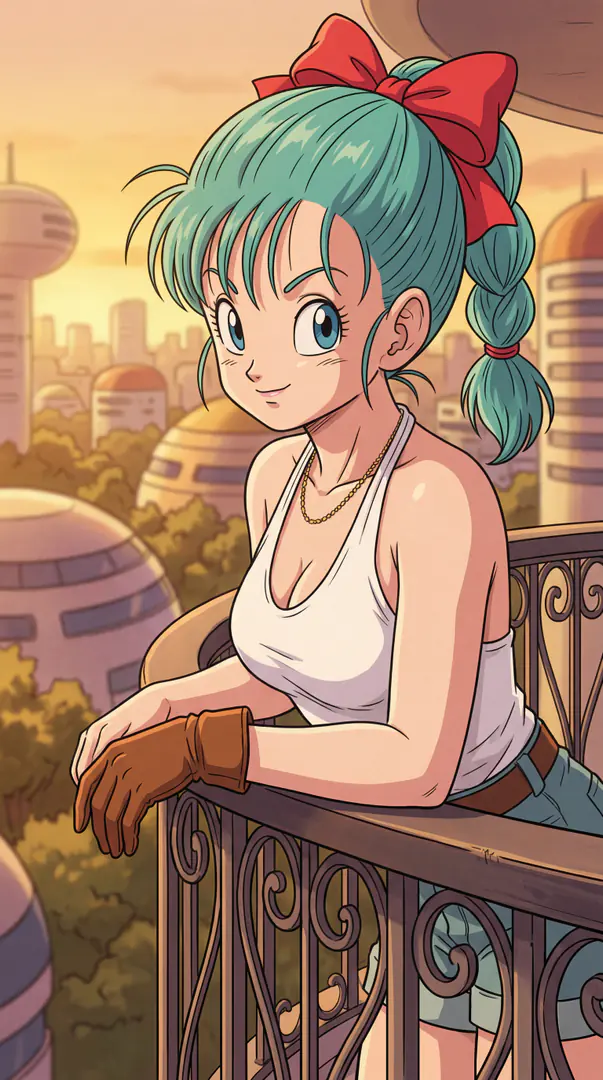 Bulma from Dragon Ball smiles gently while leaning on a decorative balcony railing overlooking a futuristic domed city at sunset, wearing a white halter top and a large red bow in her teal ponytail.