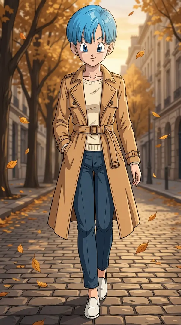 Bulma from Dragon Ball walks down an autumn cobblestone street wearing a tan trench coat and blue jeans as golden leaves fall around her.