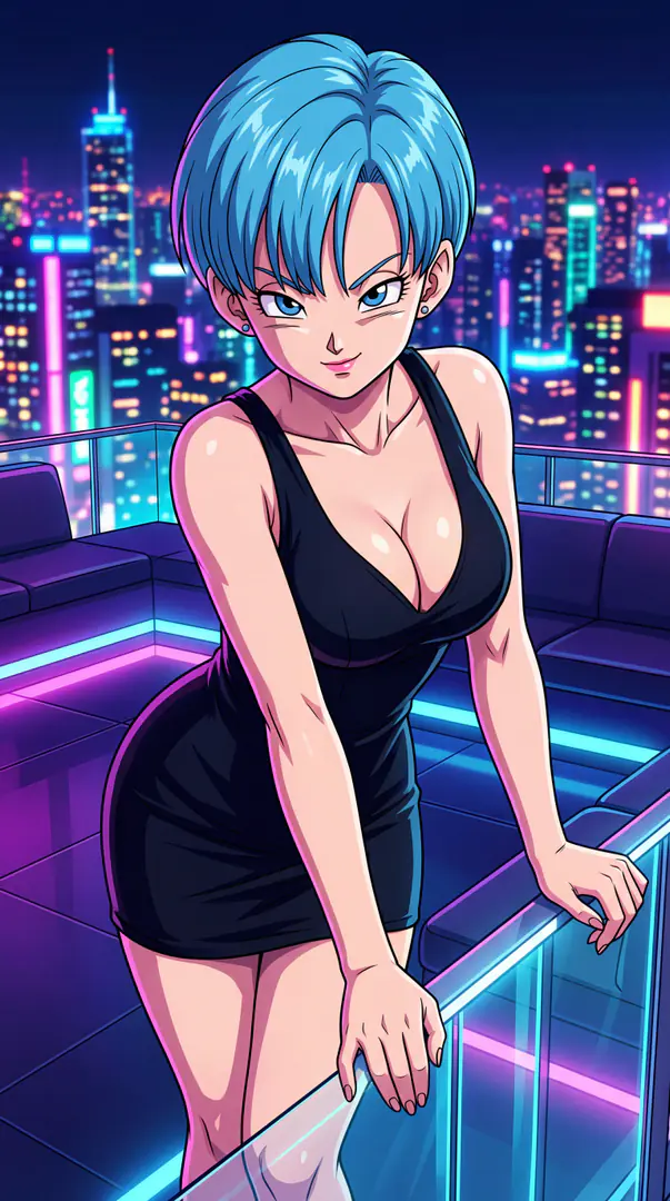 Bulma from Dragon Ball smiles confidently in a fitted black dress while leaning against a balcony railing overlooking a vibrant, neon-lit cityscape at night.