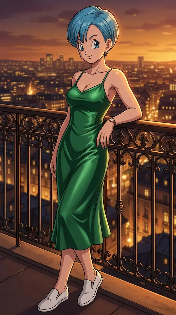 Bulma from Dragon Ball leans against a wrought-iron balcony railing overlooking a glowing sunset cityscape while wearing a silky green slip dress and white shoes.