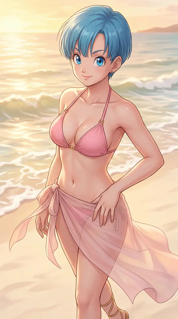 An anime-style young woman with short blue hair smiles while standing on a beach at sunset wearing a pink bikini top and a sheer pink sarong.