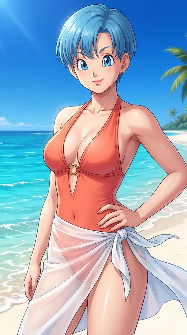 A smiling anime-style woman with short blue hair poses on a sunny beach wearing a plunging orange swimsuit and a sheer white sarong.