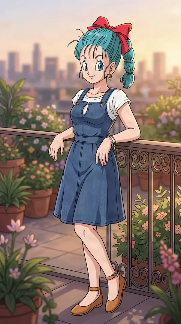 Bulma from Dragon Ball smiles while leaning against a flower-filled balcony railing overlooking a sunlit city skyline, dressed in a blue denim dress with a large red bow in her teal hair.
