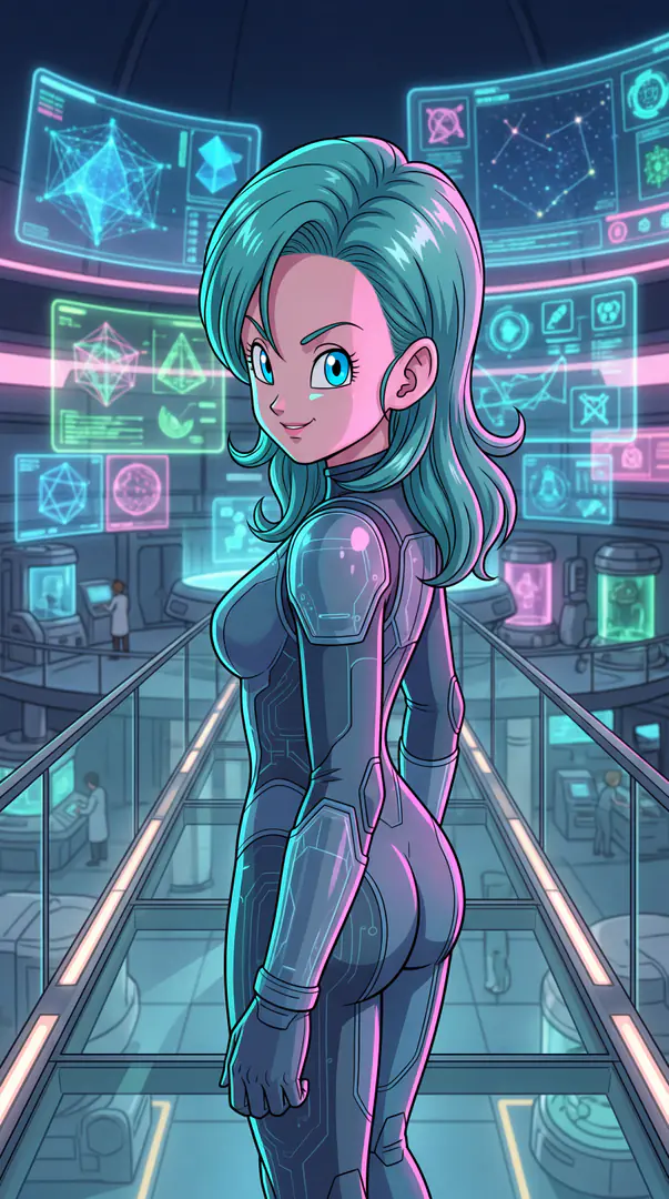 Bulma from Dragon Ball wears a sleek, futuristic dark bodysuit and smiles over her shoulder while standing on a walkway inside a high-tech laboratory filled with glowing neon holographic screens.