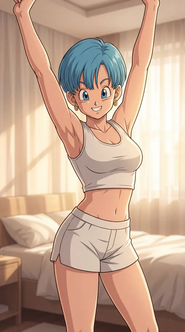 Bulma from Dragon Ball smiles brightly and stretches her arms high above her head in a sunlit bedroom while wearing a white crop top and shorts.