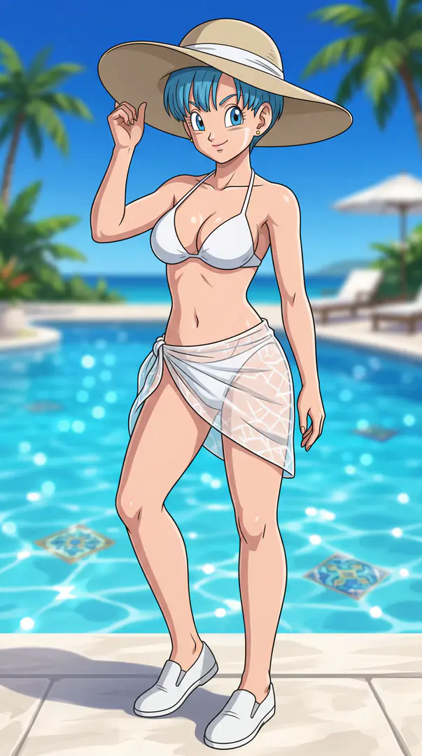 Bulma from Dragon Ball stands at the edge of a sunny swimming pool wearing a white bikini top, a sheer white wrap skirt, and a large straw hat.