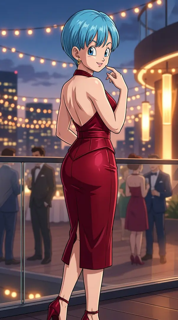 Bulma from Dragon Ball smiles over her shoulder while wearing an elegant, backless red dress on a city balcony at night.