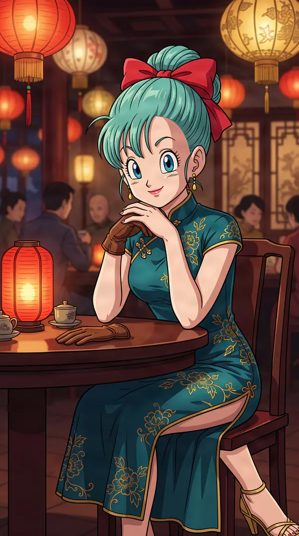 Bulma from Dragon Ball smiles warmly while sitting at a wooden table in a lantern-lit restaurant, wearing a traditional teal floral dress and a large red bow in her turquoise hair.