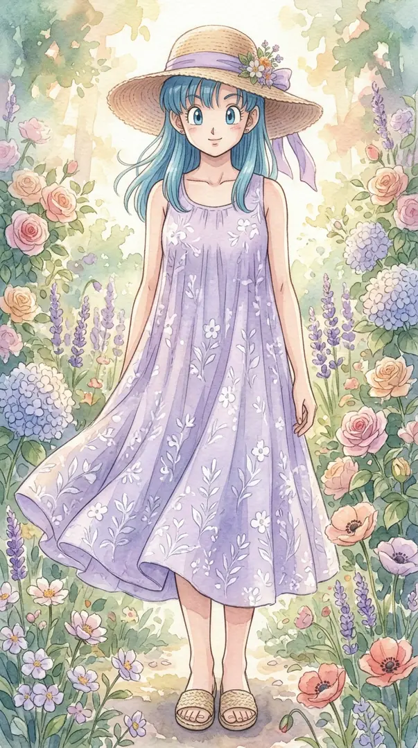 A watercolor illustration features Bulma from Dragon Ball standing in a lush flower garden, wearing a flowing light purple floral dress and a straw hat decorated with flowers and a ribbon.