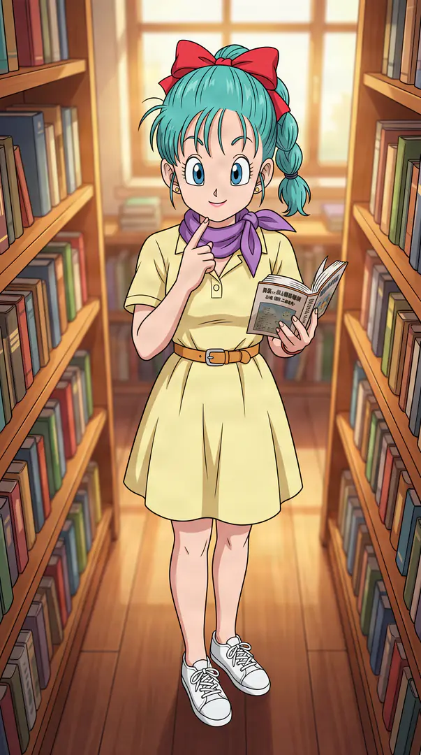 Bulma from Dragon Ball stands thoughtfully in a sunlit library aisle holding an open book, wearing a pale yellow dress, a purple neck scarf, and a large red bow in her teal hair.