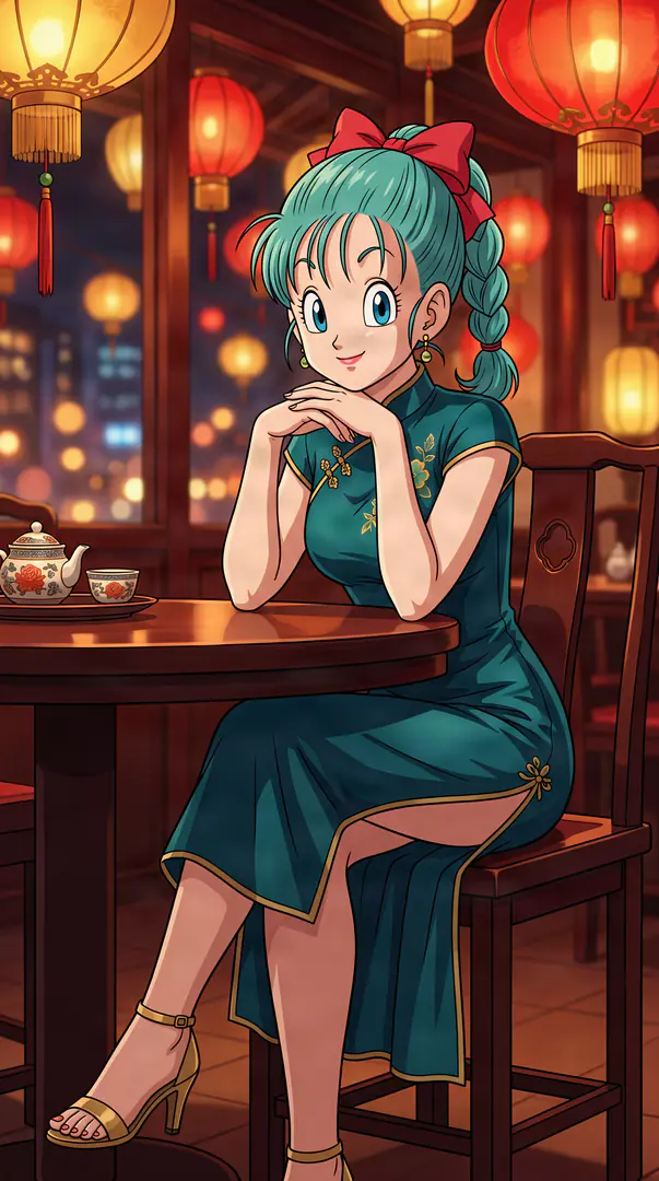 Bulma from Dragon Ball sits gracefully at a wooden table in a softly lit room decorated with glowing red lanterns, wearing an elegant teal cheongsam and a red hair bow.