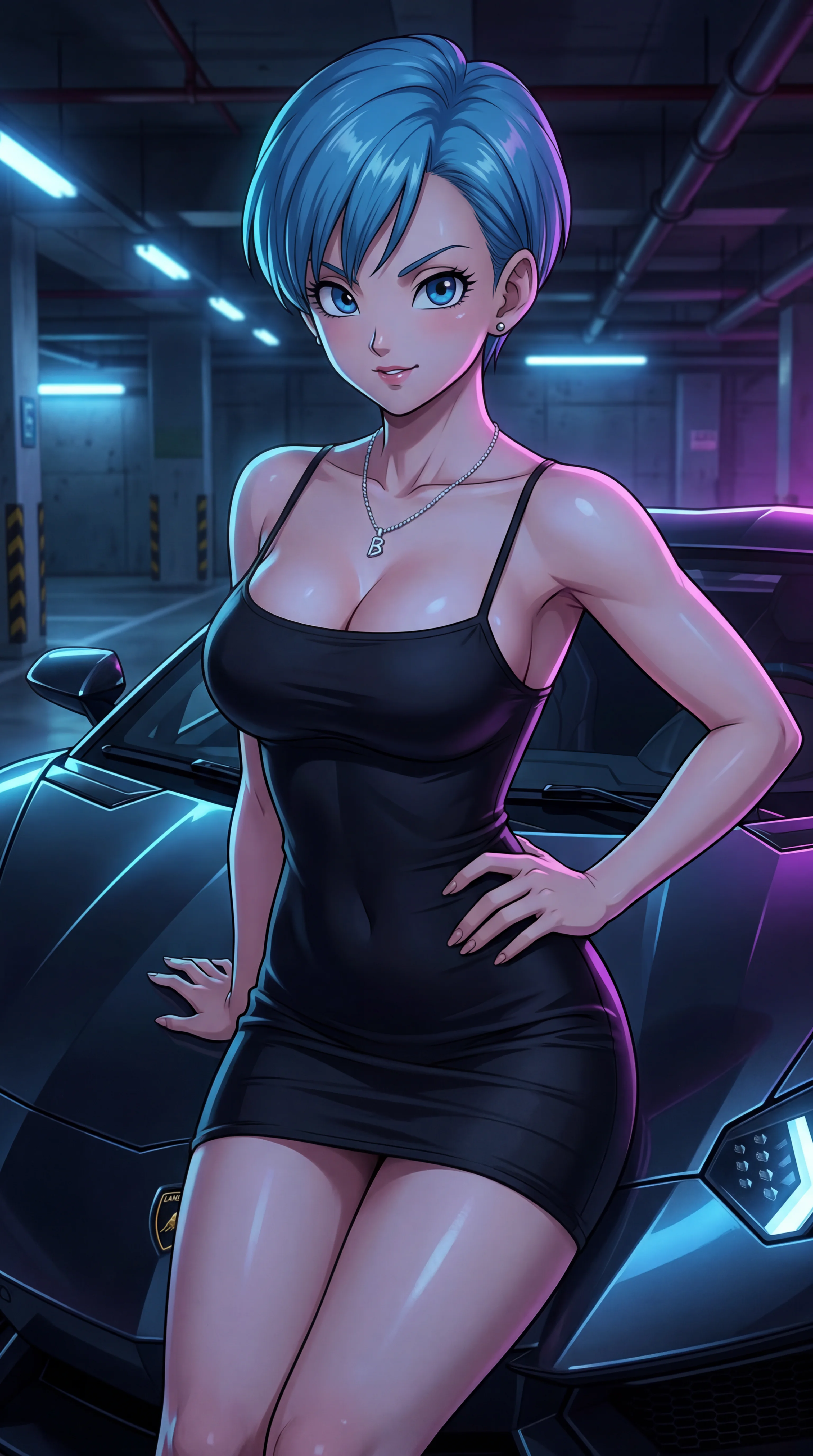 An anime-style illustration of a confident woman with short blue hair in a black mini dress leaning against a dark sports car inside a neon-illuminated parking garage.