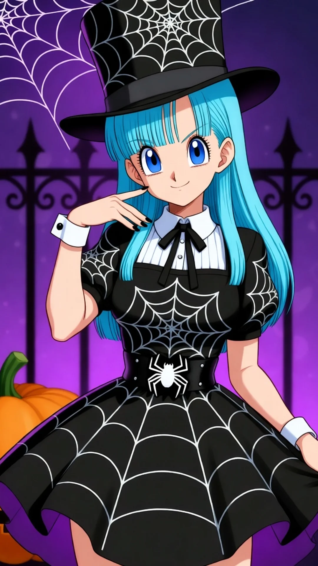 AI Art of anime character in elaborate Halloween costume from Daddy Jim Headquarters featuring Bulma DragonBall style AI Girls