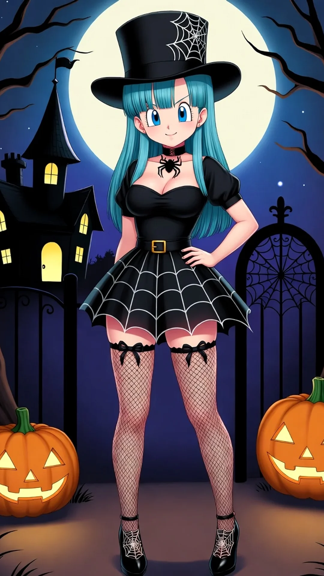 Gothic witch in vibrant Halloween anime costume - AI Art by Daddy Jim Headquarters featuring DragonBall Bulma-inspired character design