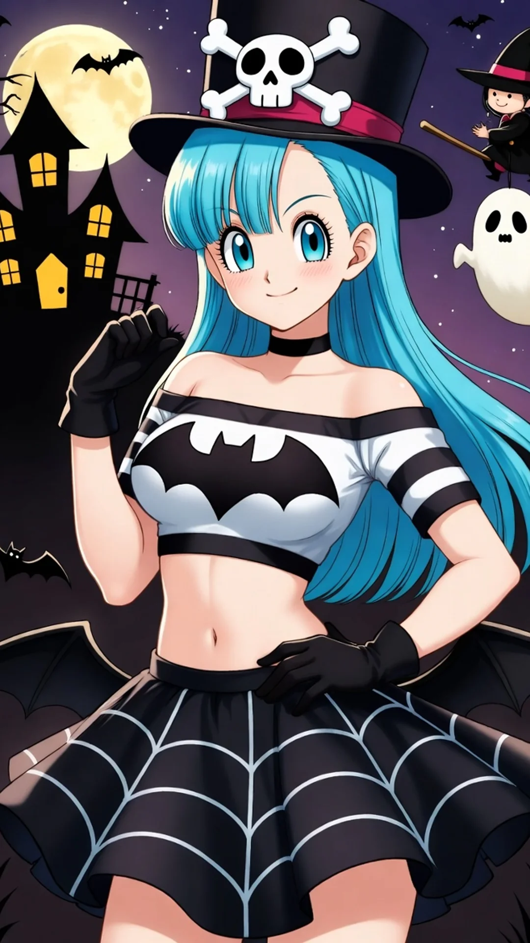 Cheerful blue-haired anime woman in Halloween costume, Bulma-inspired DragonBall AI Art by Daddy Jim Headquarters AI Girls style