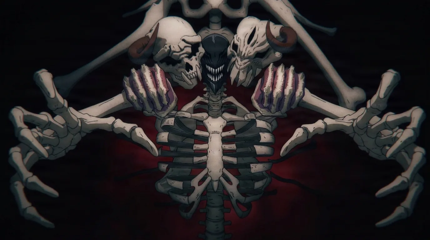O Curse Devil, uma figura esquelética imponente com múltiplos crânios com chifres, um tórax de caixa torácica e longos braços ósseos abertos contra um vazio vermelho-escuro.