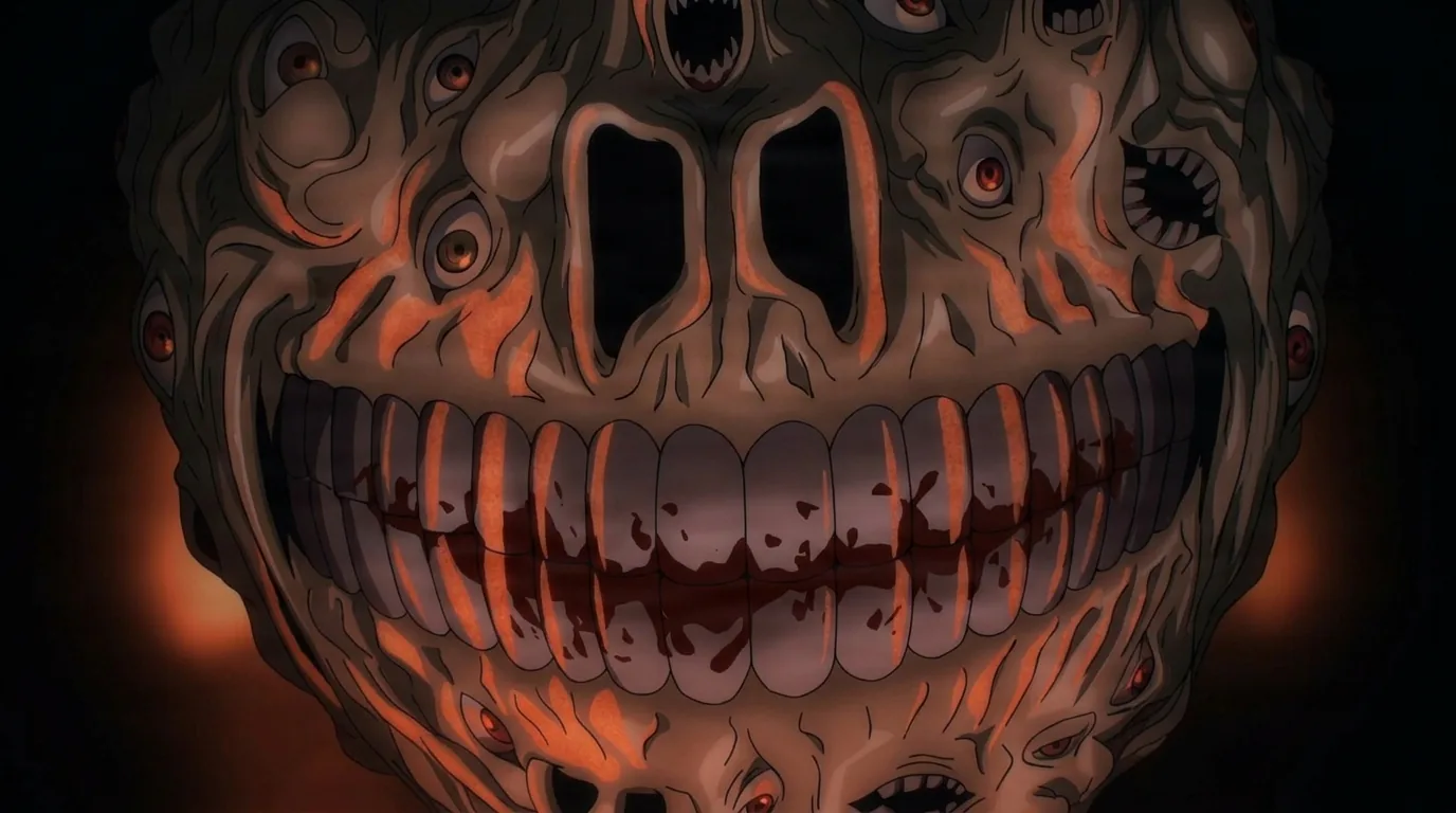 O Demônio da Eternidade, uma enorme massa carnuda coberta de olhos vermelhos com um largo sorriso de dentes rangendo, iluminado por uma luz alaranjada na escuridão.