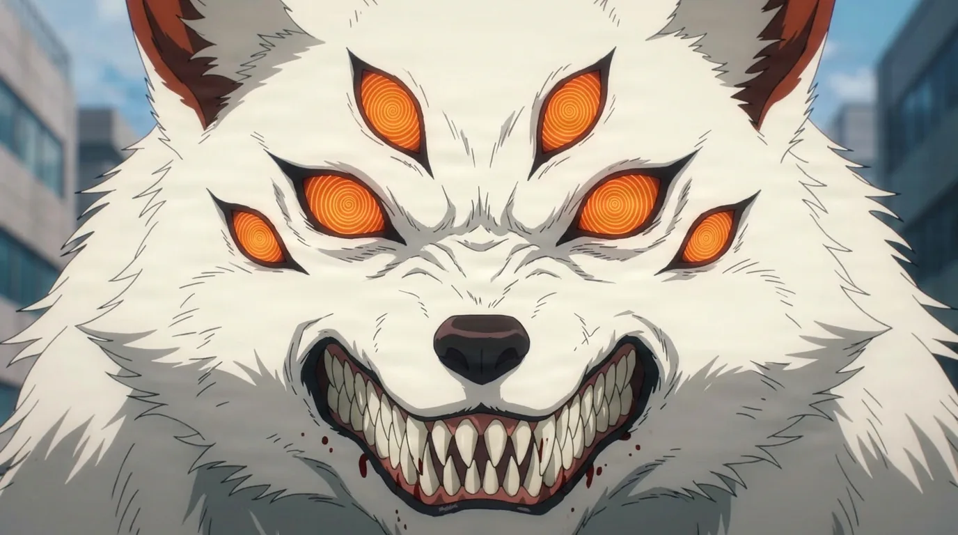 Demônio Raposa de Chainsaw Man em uma cena de anime com enquadramento fechado, cel shading e um ambiente detalhado