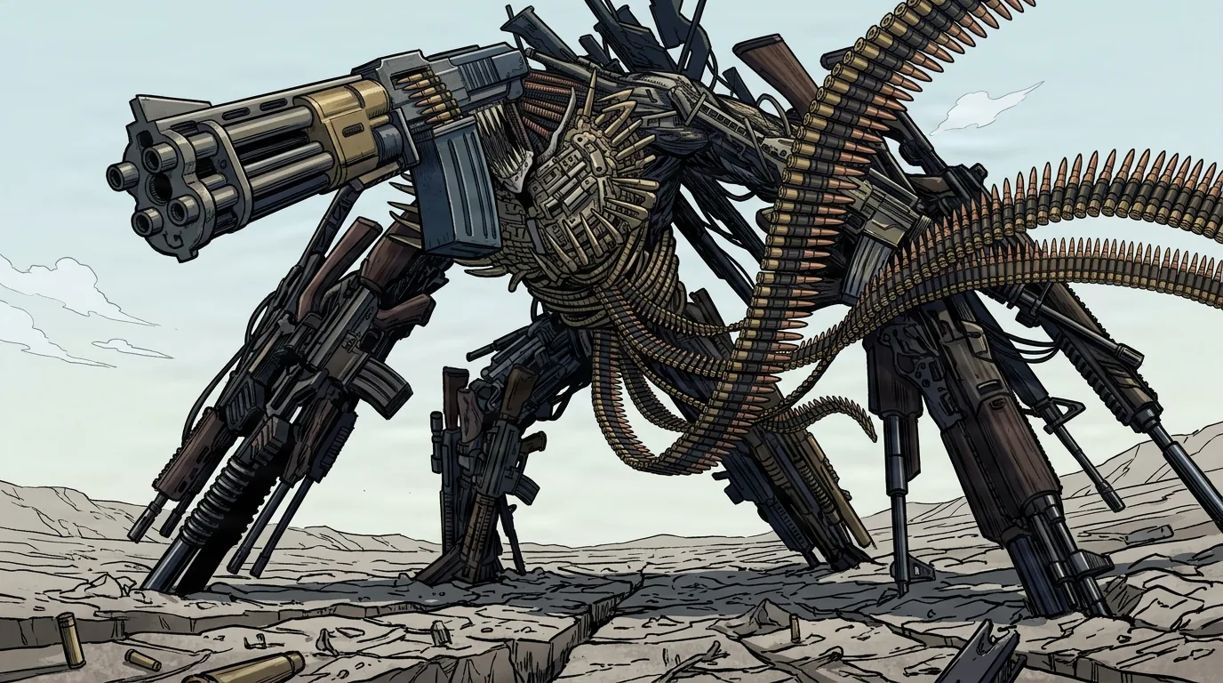 Cena de anime de uma fera corpulenta construída inteiramente de rifles, canos de armas e cintos de munição, agachada em uma planície desértica rachada sob um céu pálido com cartuchos deflagrados espalhados ao redor.