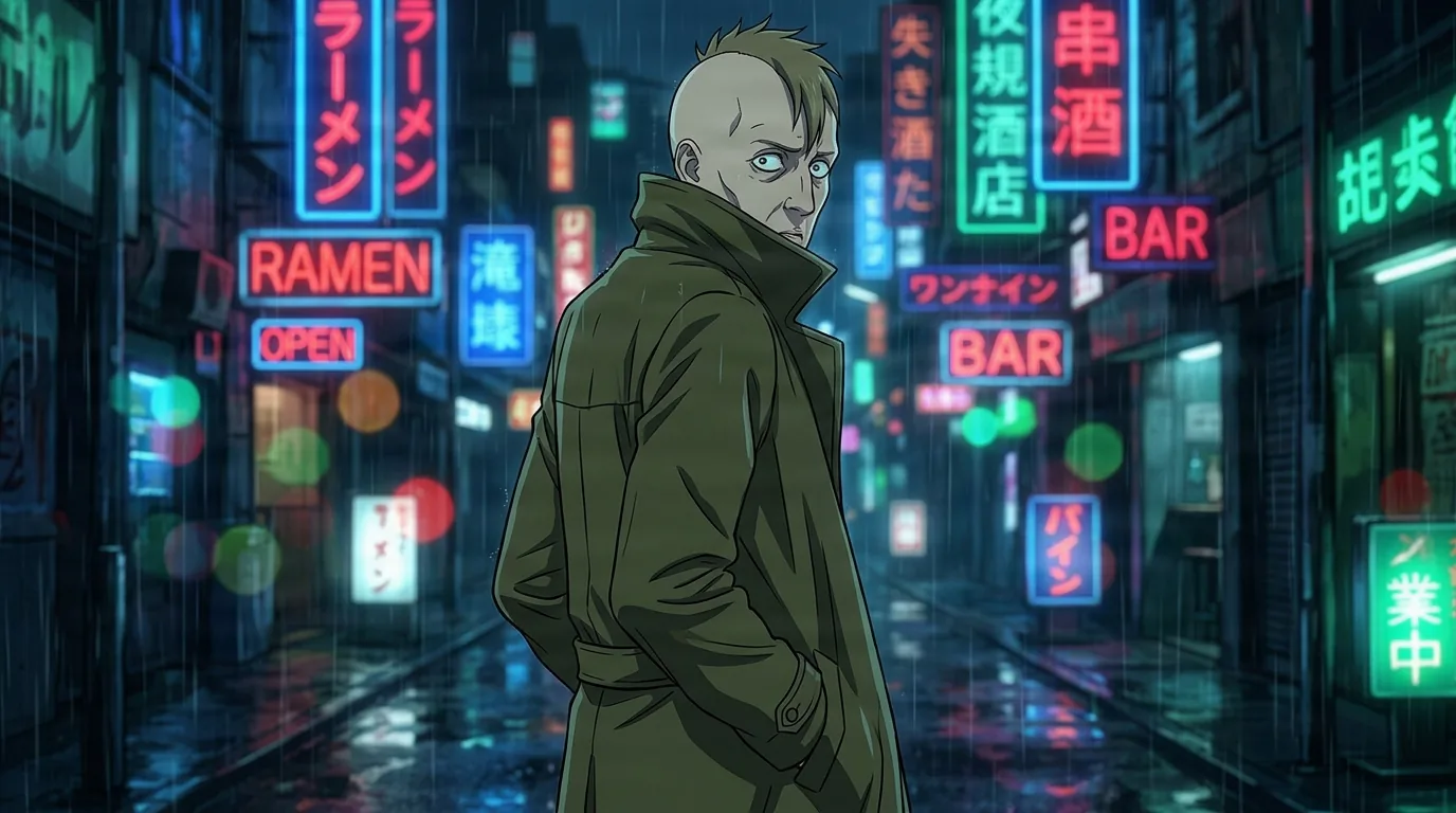 Un uomo smunto e calvo con un ciuffo di capelli biondi che indossa un trench verde oliva si volta a guardare oltre la spalla in una strada al neon inzuppata di pioggia di notte.