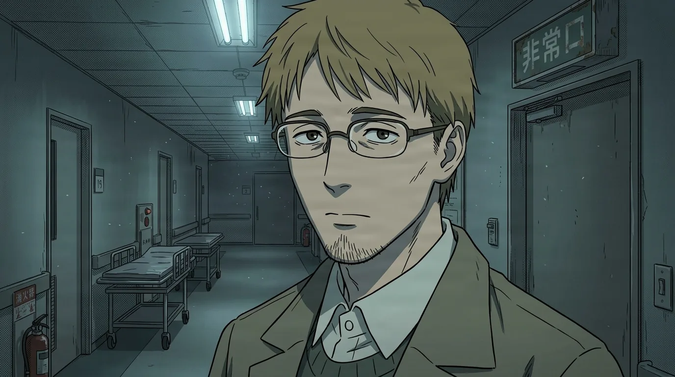 Un uomo biondo con occhiali sottili e un cappotto beige è in piedi in un buio corridoio d'ospedale fiancheggiato da barelle, guardando verso l'osservatore sotto luci a soffitto tremolanti.