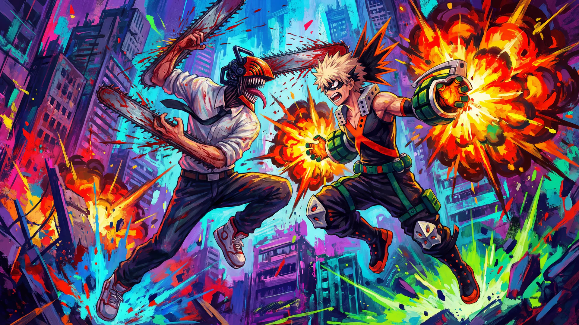 Intense anime-style mid-air battle scene, AI Art from Daddy Jim Headquarters showcasing dynamic action between two warriors