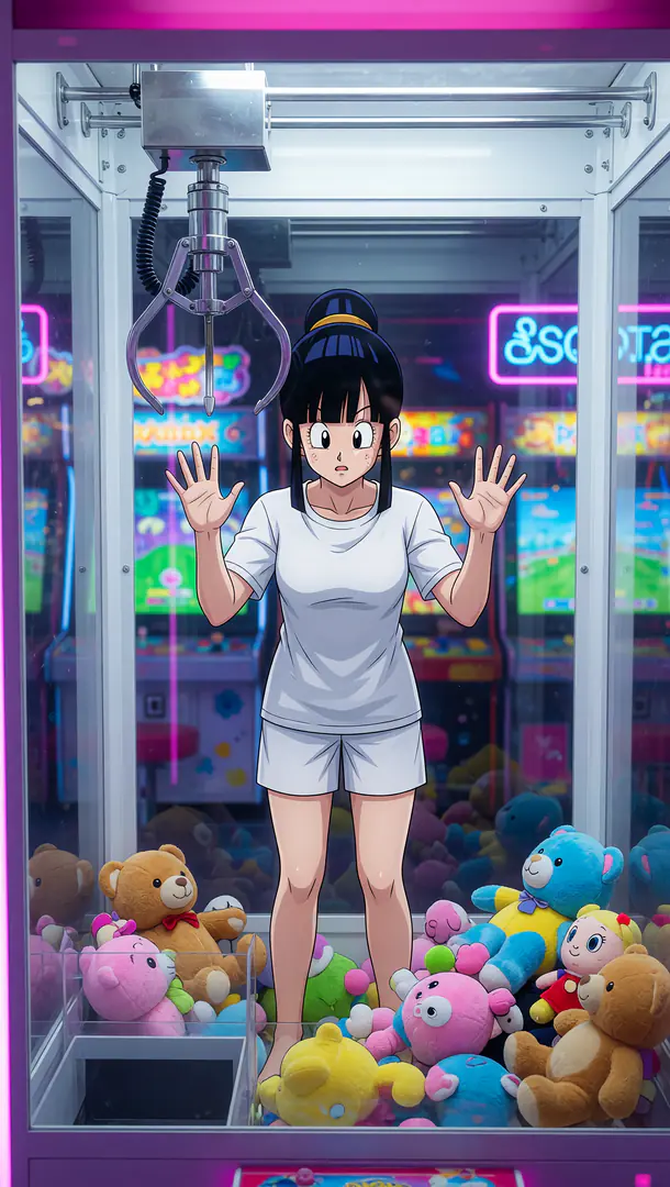 A surprised Chi-Chi from Dragon Ball stands trapped inside an arcade claw machine, pressing her hands against the glass while standing barefoot among colorful stuffed animals beneath a large metal claw.
