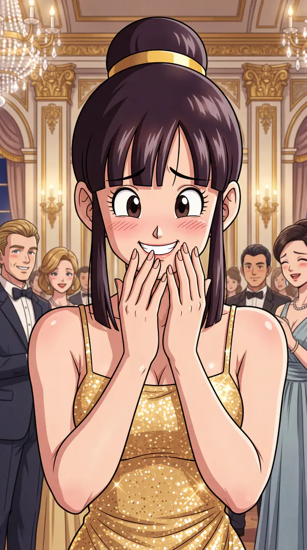 Wearing a sparkling gold gown in an elegant ballroom, an excited Chi-Chi from Dragon Ball blushes and smiles widely with her hands clasped to her face as onlookers watch in the background.
