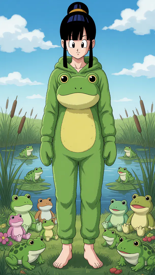 Chi-Chi from Dragon Ball stands barefoot by a pond wearing a green frog onesie, surrounded by cattails and numerous small frogs.