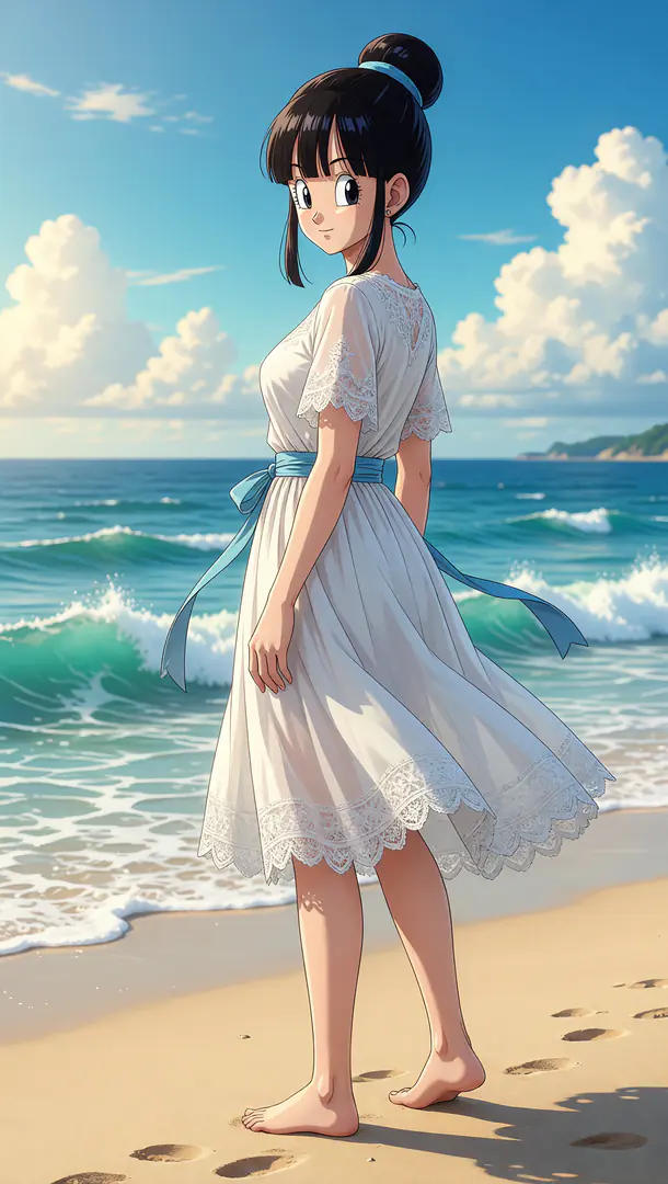 Chi-Chi from Dragon Ball stands barefoot on a sandy beach looking back over her shoulder, wearing a flowing white dress with lace trim and a blue sash against a backdrop of rolling ocean waves.