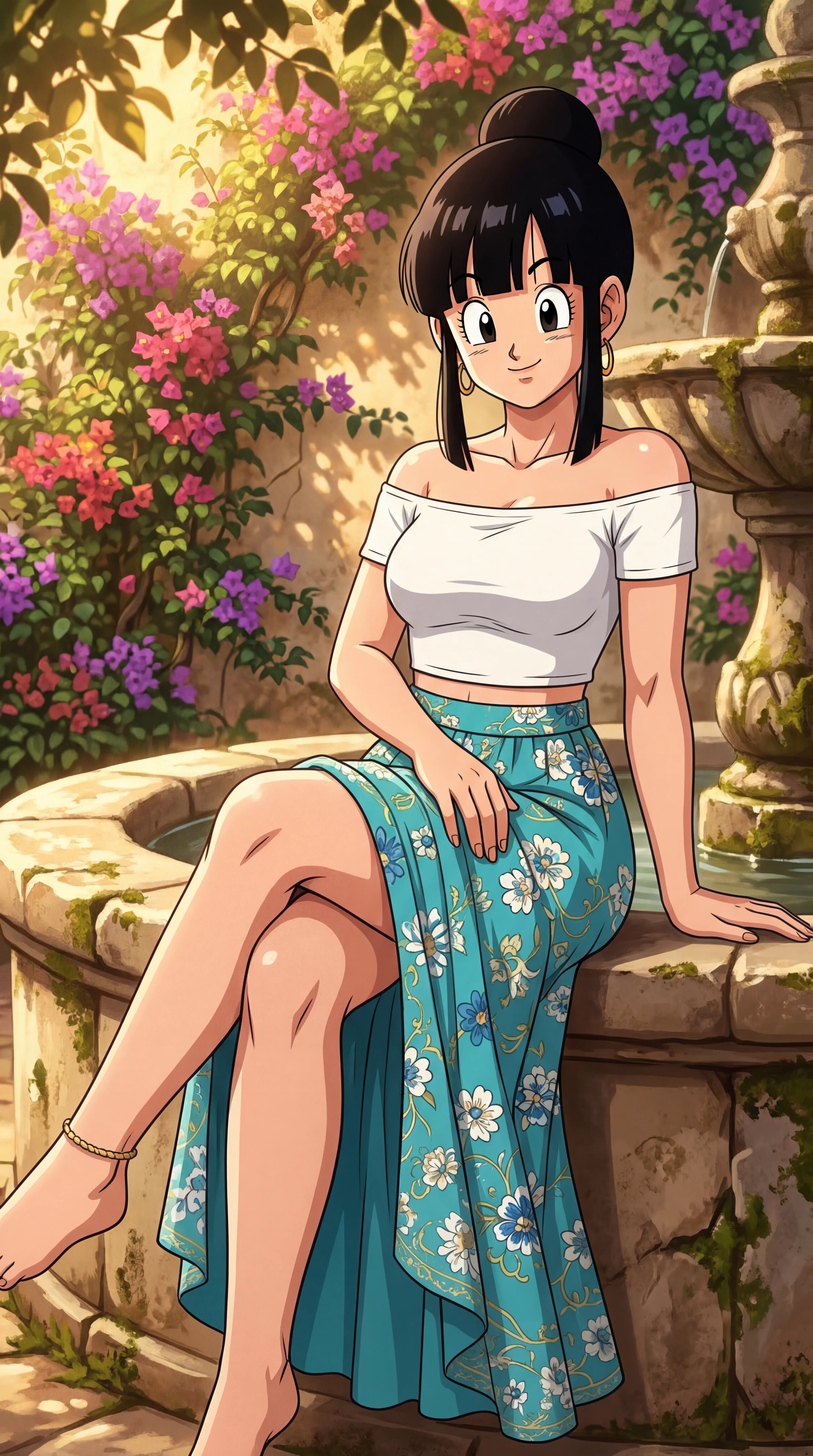 A smiling woman with black hair tied in a high bun sits barefoot on the edge of a stone fountain in a sunlit garden, wearing a white off-the-shoulder crop top and a flowing teal floral skirt.