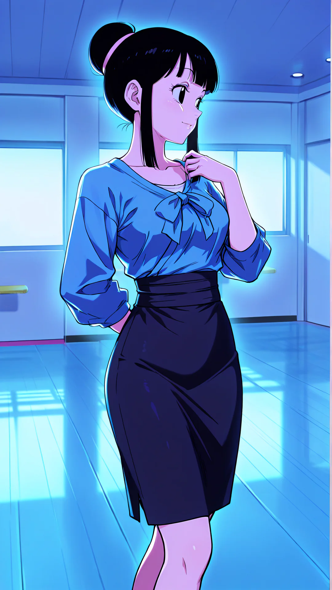 An anime-style woman with black hair in a bun stands in a brightly lit blue hallway wearing a blue blouse with a bow and a dark pencil skirt.