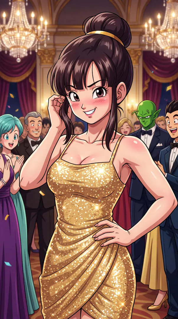 Chi-Chi from Dragon Ball smiles and poses in a sparkling gold dress at a glamorous ballroom event while formally dressed guests applaud in the background.
