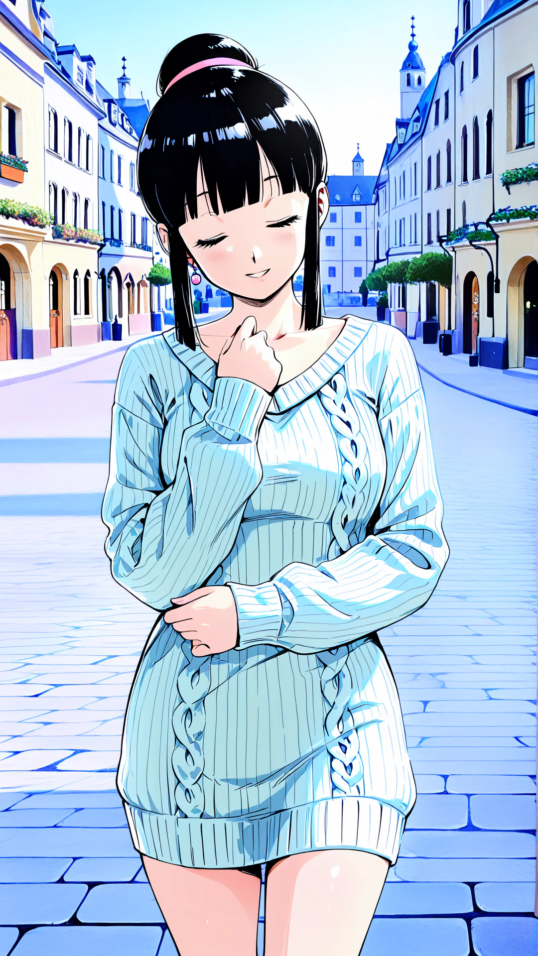 A smiling anime-style young woman with black hair in a bun wears an oversized light blue cable-knit sweater dress while standing on a sunny cobblestone street.