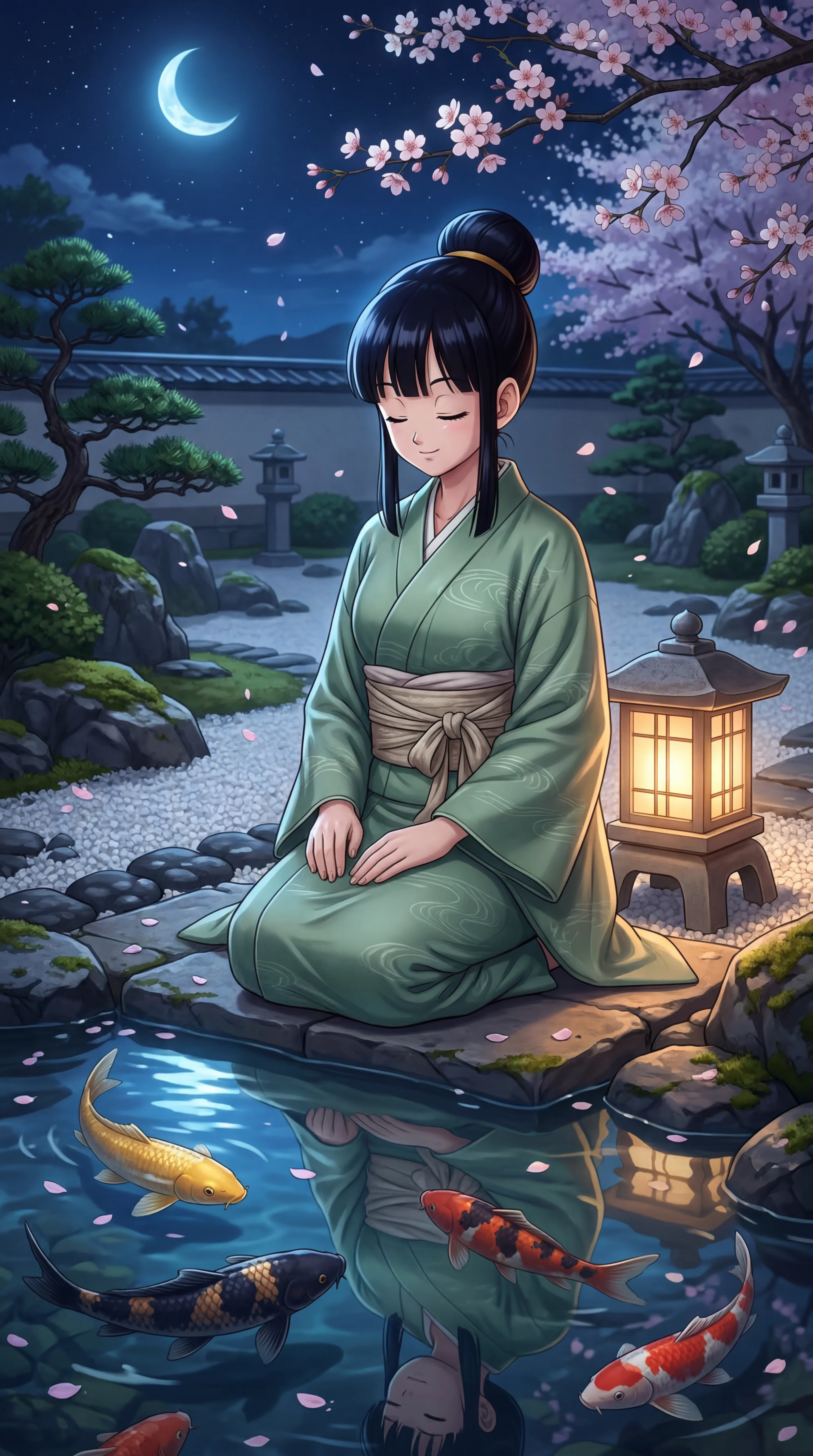 A serene young woman in a green kimono kneels peacefully by a koi pond in a moonlit Japanese garden adorned with a glowing stone lantern and falling cherry blossoms.