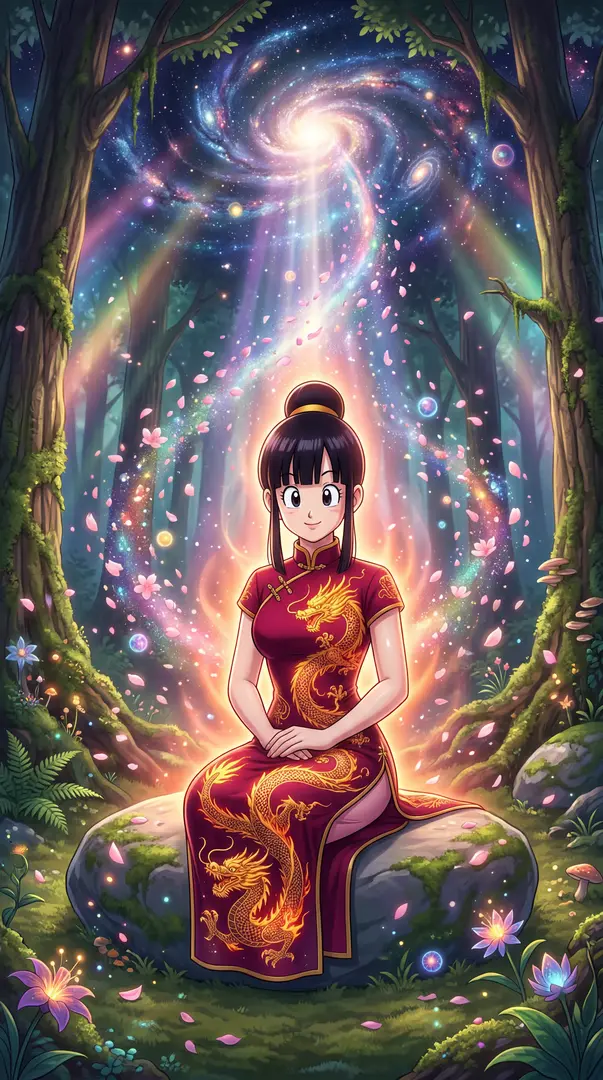 An anime-style woman wearing a red dress adorned with golden dragons sits serenely on a mossy rock in a magical, petal-filled forest beneath a bright, swirling galaxy.