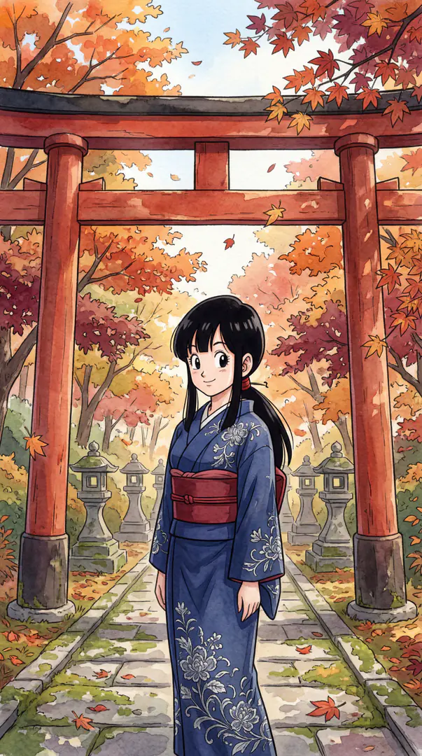 Chi-Chi from Dragon Ball wears a dark blue floral kimono while standing on a stone path beneath a red torii gate surrounded by vibrant autumn foliage and stone lanterns.