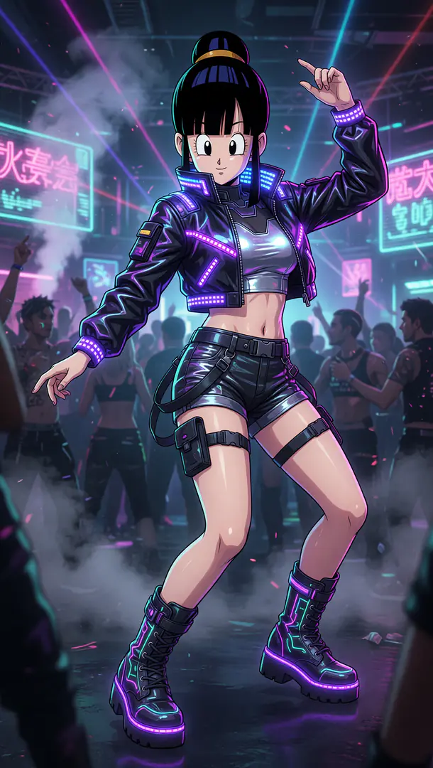 Chi-Chi from Dragon Ball dances in a smoky neon nightclub wearing a cyberpunk outfit featuring a glowing black leather jacket, silver crop top, black shorts, and illuminated combat boots.