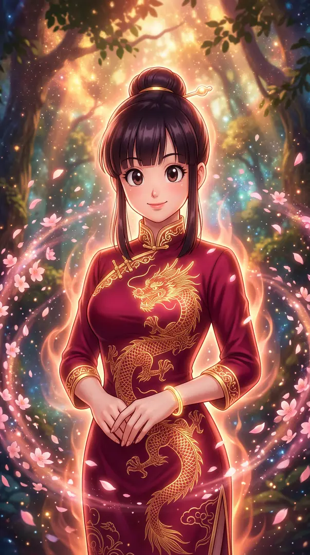 A smiling anime-style young woman wearing a red dress adorned with a golden dragon stands surrounded by a glowing aura and swirling cherry blossoms in a magical forest.