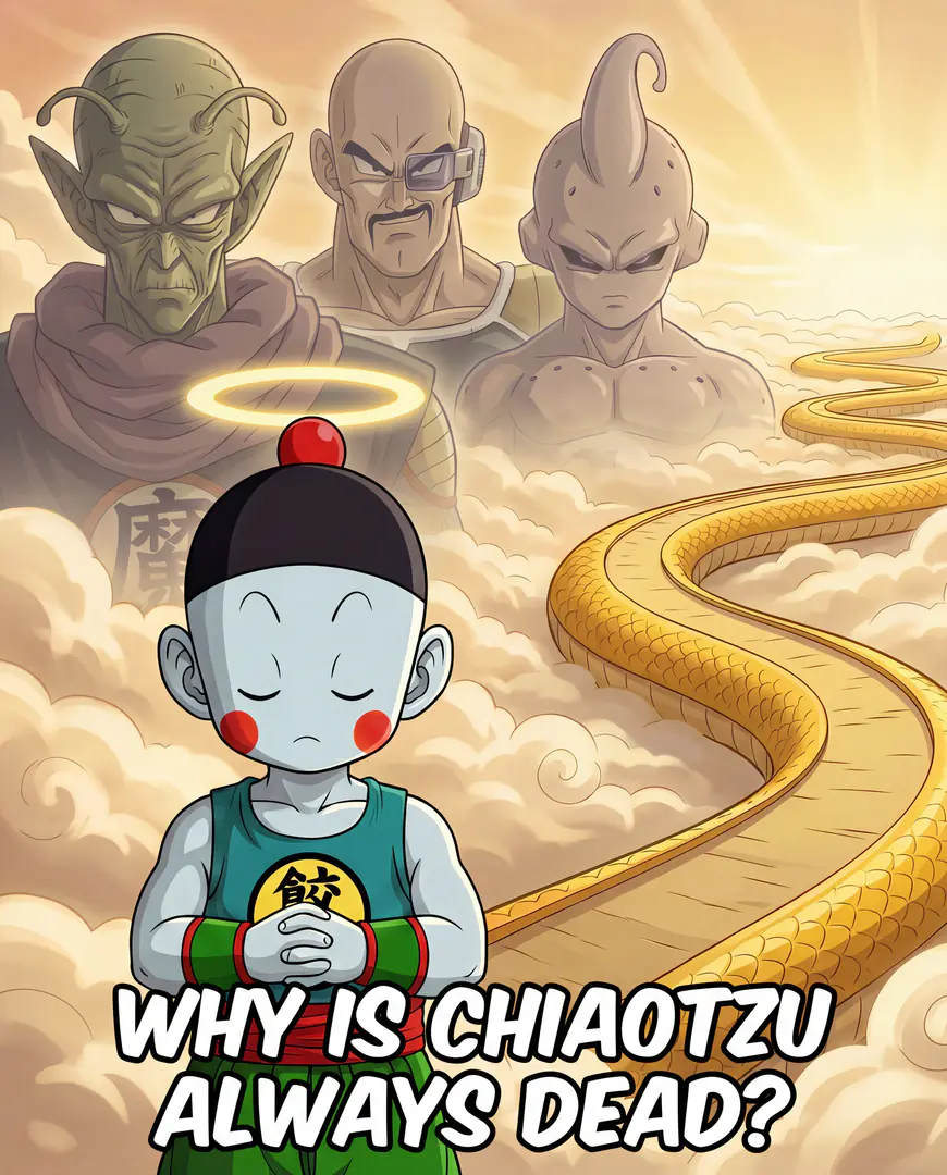 A haloed Chiaotzu from Dragon Ball prays in the afterlife clouds with faded villains looming behind him and the text "WHY IS CHIAOTZU ALWAYS DEAD?" at the bottom.