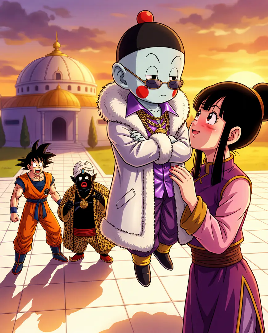 Chiaotzu from Dragon Ball, dressed in a flashy white fur coat and gold chains, floats smugly next to a blushing Chi-Chi while Goku and Mr. Popo watch in absolute shock.