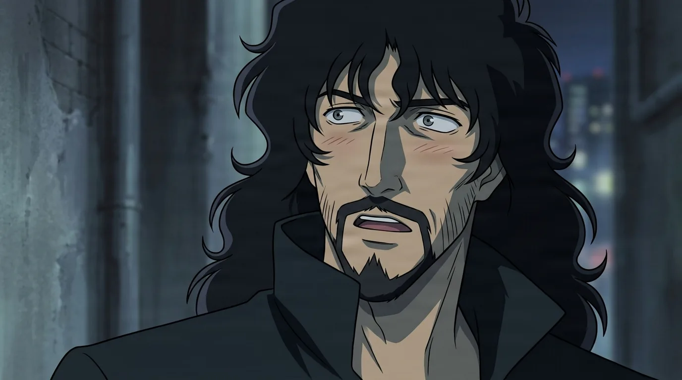 Vincent Volaju from Cowboy Bebop in a close-framed cel-shaded anime scene with a detailed environment