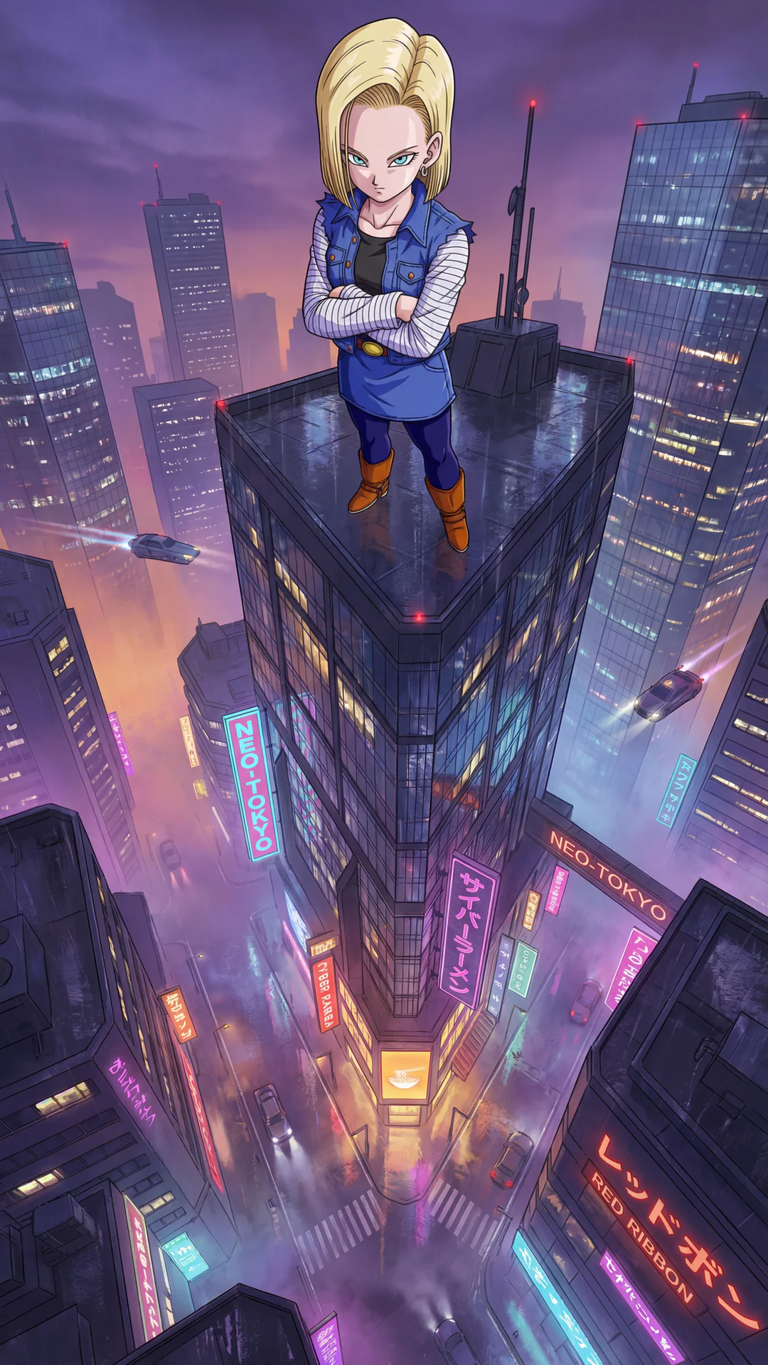 Android 18 from Dragon Ball in dramatic aerial view, anime-style AI Art illustration by Daddy Jim Headquarters