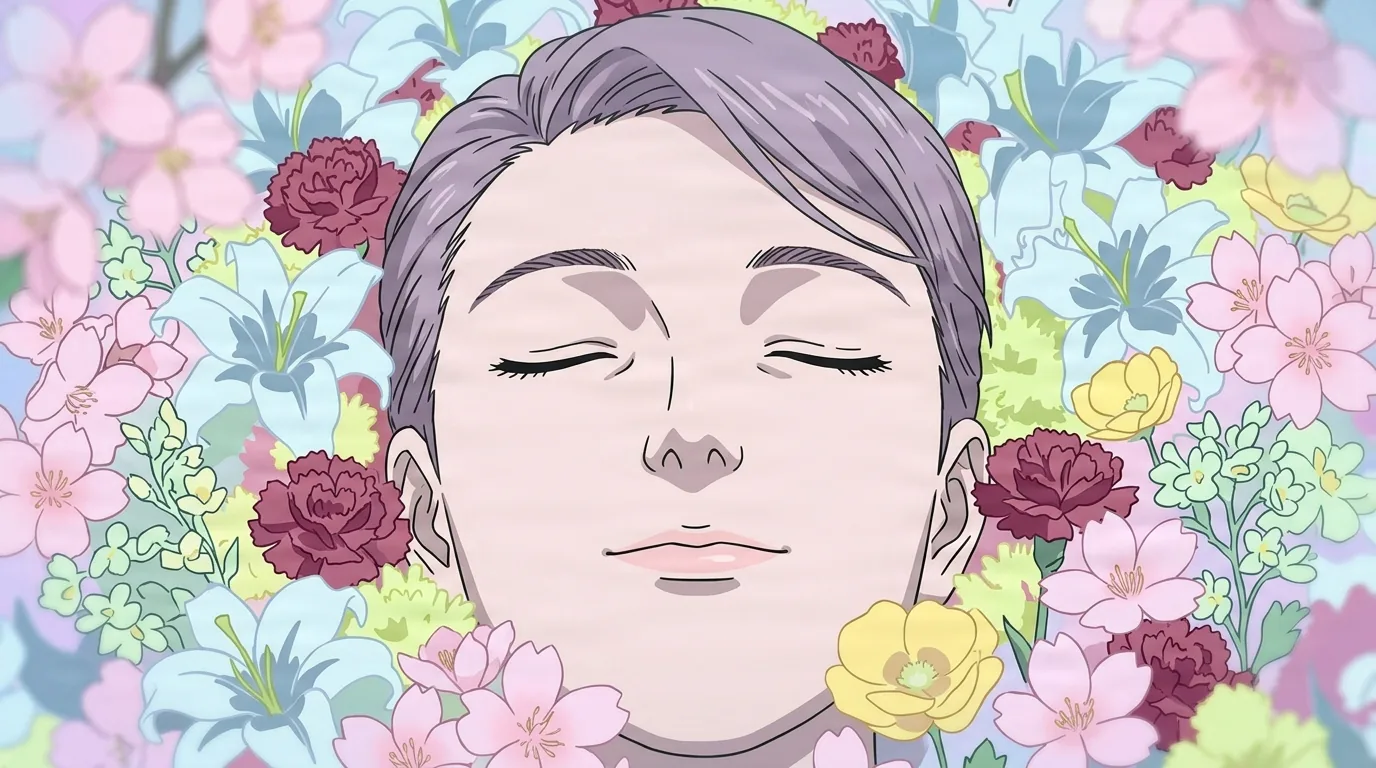 Eine Frau mit kurzem lavendelgrauem Haar ruht mit geschlossenen Augen und einem gelassenen Gesichtsausdruck, ihr Gesicht von einem dichten Beet aus rosa, blauen und gelben Blumen umgeben.