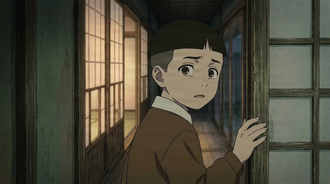 Un jeune garçon à la coupe au bol, vêtu d'un pull marron, se tient dans un couloir en bois sombre d'une vieille maison japonaise, jetant un regard inquiet par-dessus son épaule, une main appuyée contre une porte coulissante shoji.