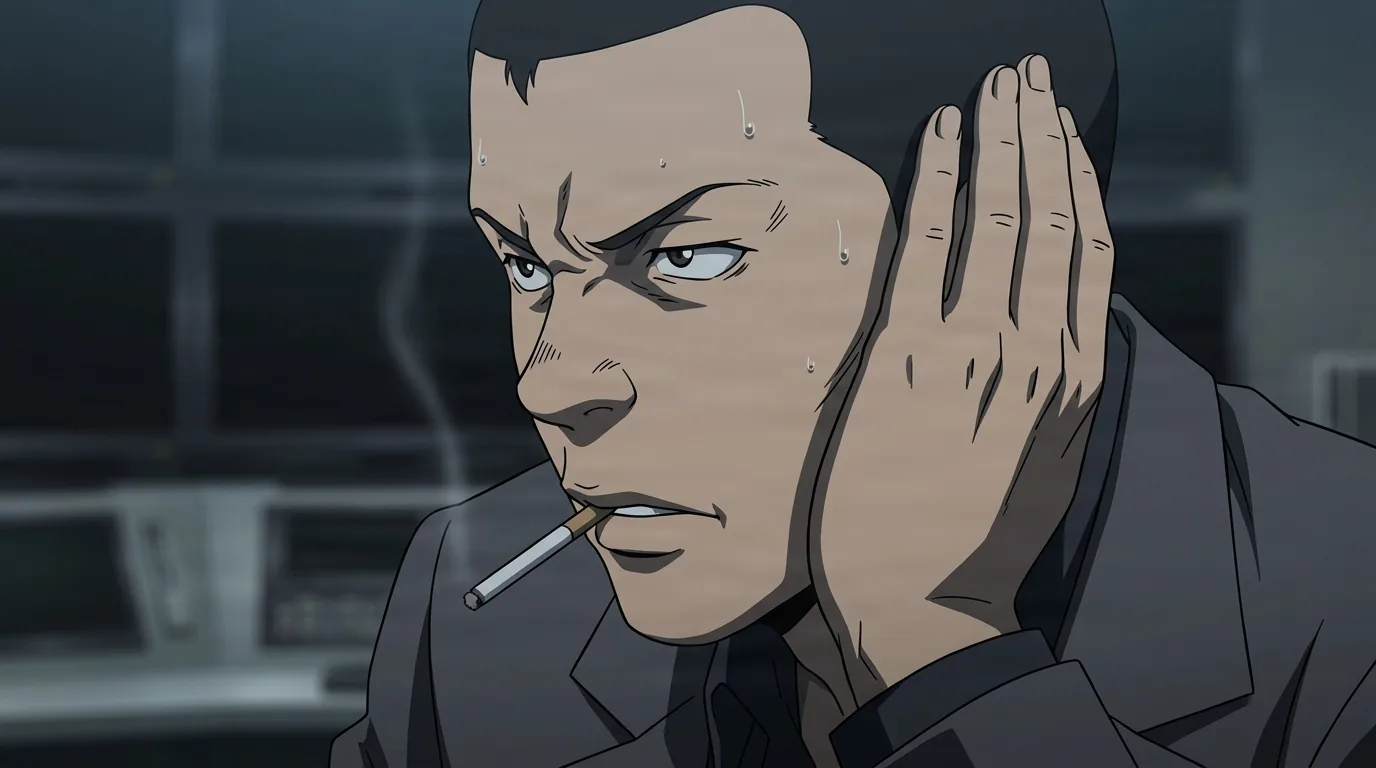 Hirokazu Ukita, un homme aux cheveux foncés une cigarette à la bouche, presse une main contre son oreille avec un air tendu et en sueur dans une salle de surveillance sombre.